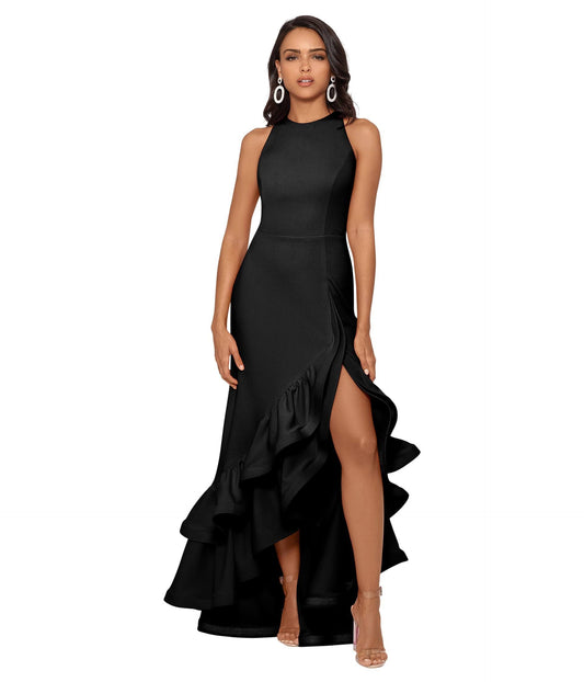 Long Halter Crepe Tiered Ruffle Gown Women's Dress Black : 10