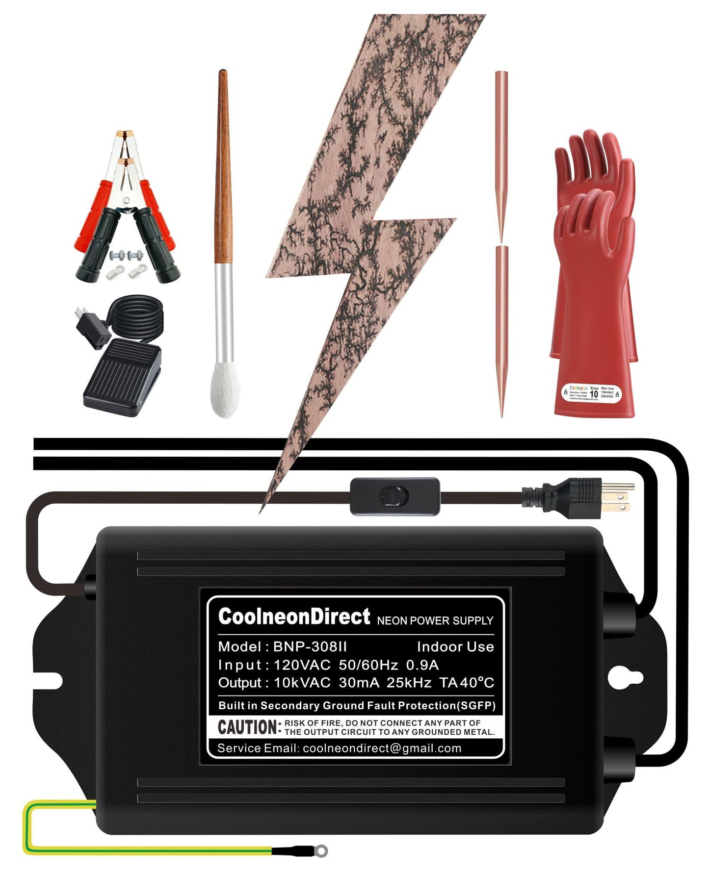 Lichtenberg Machine Kit,Neon Sign Transformer+Rods+Clamps+Brush+Gloves+Foot Switch,Fractal Wood Burning Machine Set,Not Led Neon Power