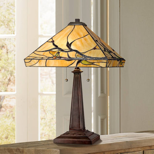 Louis Tiffany Mission Table Lamp Bronze Metal Tree Branch Glass Art Shade For Living Room Family Bedroom Bedside Office