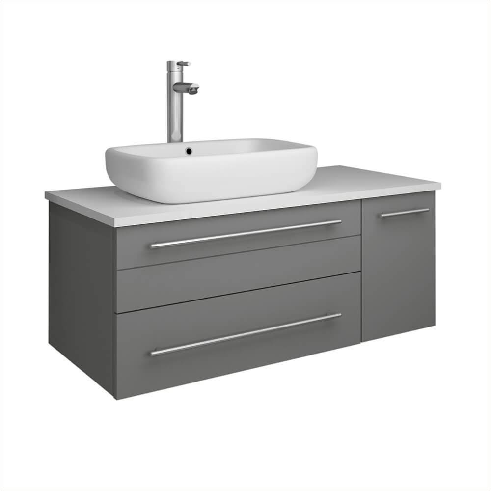 Lucera 36" Gray Wall Hung Modern Bathroom Cabinet W/ Top & Vessel Sink - Left Version