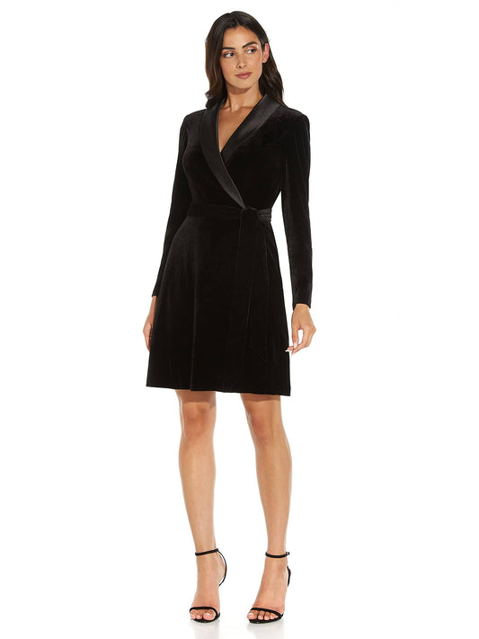 Long Sleeve Velvet Tuxedo Dress, Black, Size: 16