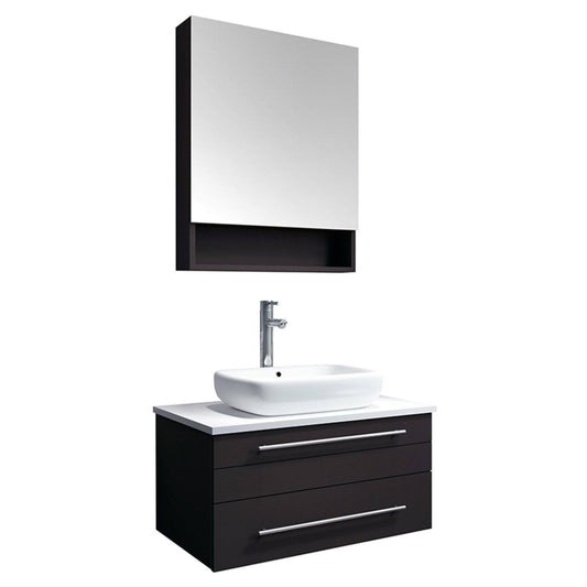 Lucera 30" Espresso Wall Hung Modern Bathroom Cabinet W/ Top & Vessel Sink