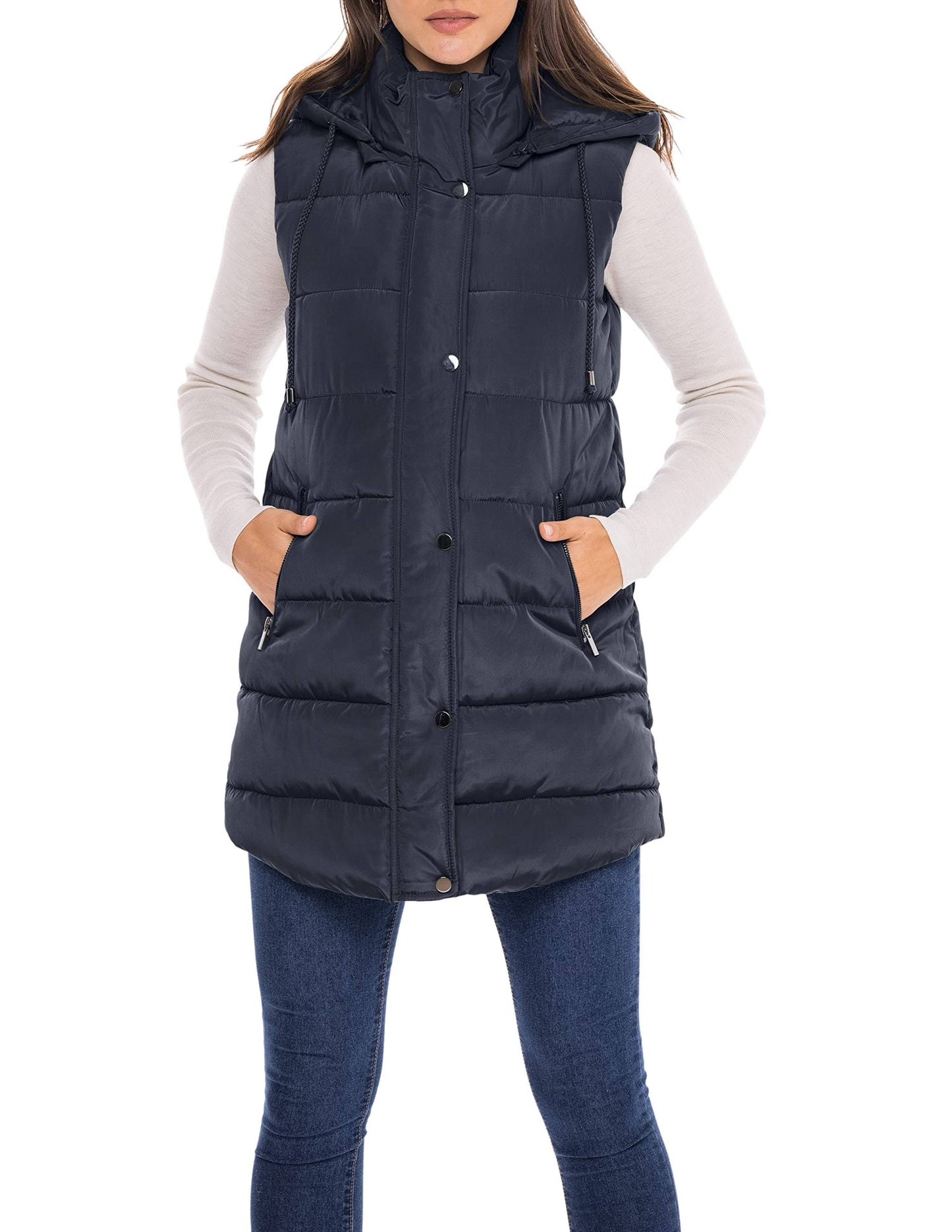 Long Puffer Vest With Hood - S.E.B. By Sebby Navy Small, Blue