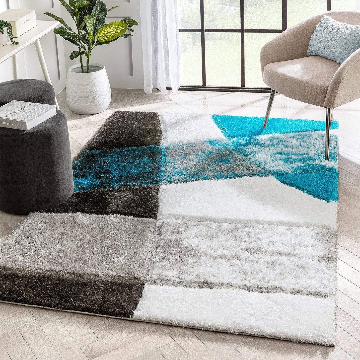 Lolly Remi Contemporary Geometric Boxes Teal Grey 3'11" X 5'3" 3d Texture Shag Area Rug