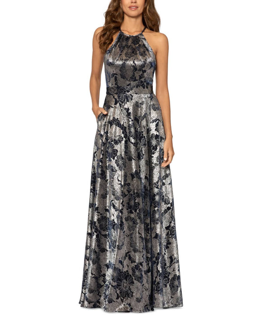 Long Foil Print Halter Gown With Wrap Skirt Women's : 8