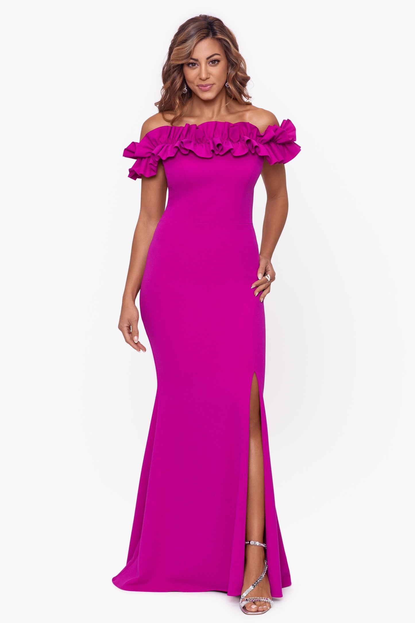 Long Crepe Over-The-Shoulder Ruffle Gown