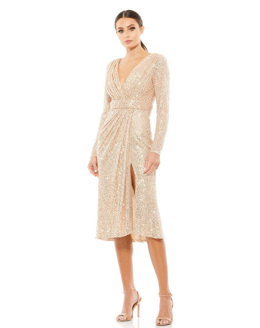 Long Sleeve Sequined Midi Dress - Rose Gold - 8