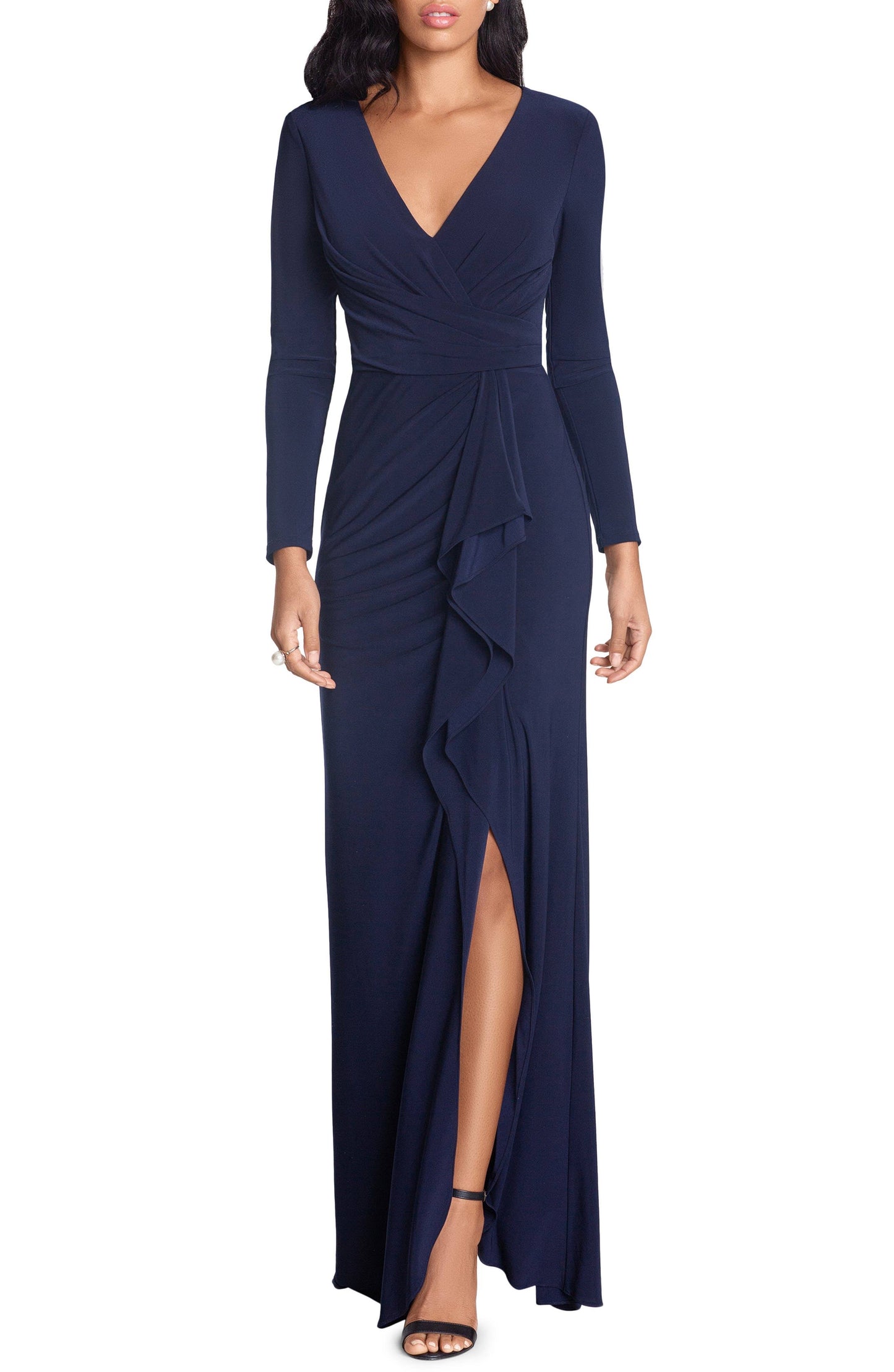 Long Sleeve Jersey V-Neck Ruched Gown