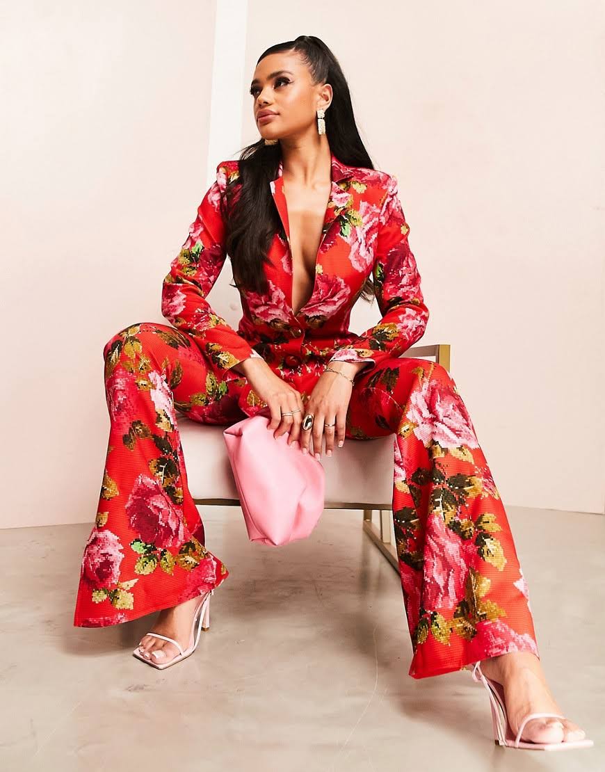 Luxe Suit Pants In Pixelated Floral Print-Multi