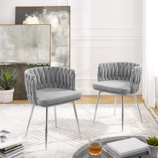 Leon Living Room Chairs Woven Linen Dining Chairs Steel Legs Set Of 2, Gray