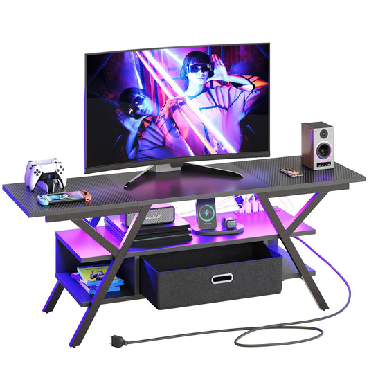 Led Entertainment Center With Power Outlets Gaming Tv Stand For Tv Up To 65 Inch 55” Tv Game Console For Living Room Bedroom Removable