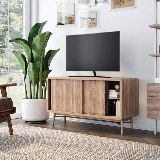 Liam Modern Mid-Century Tv Stand Media Console Or Entertainment Cabinet With Sliding Doors Oak