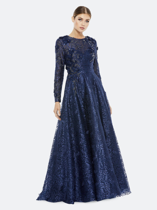 Long Sleeve A-Line Floral Applique Gown - Navy (Blue) - 10