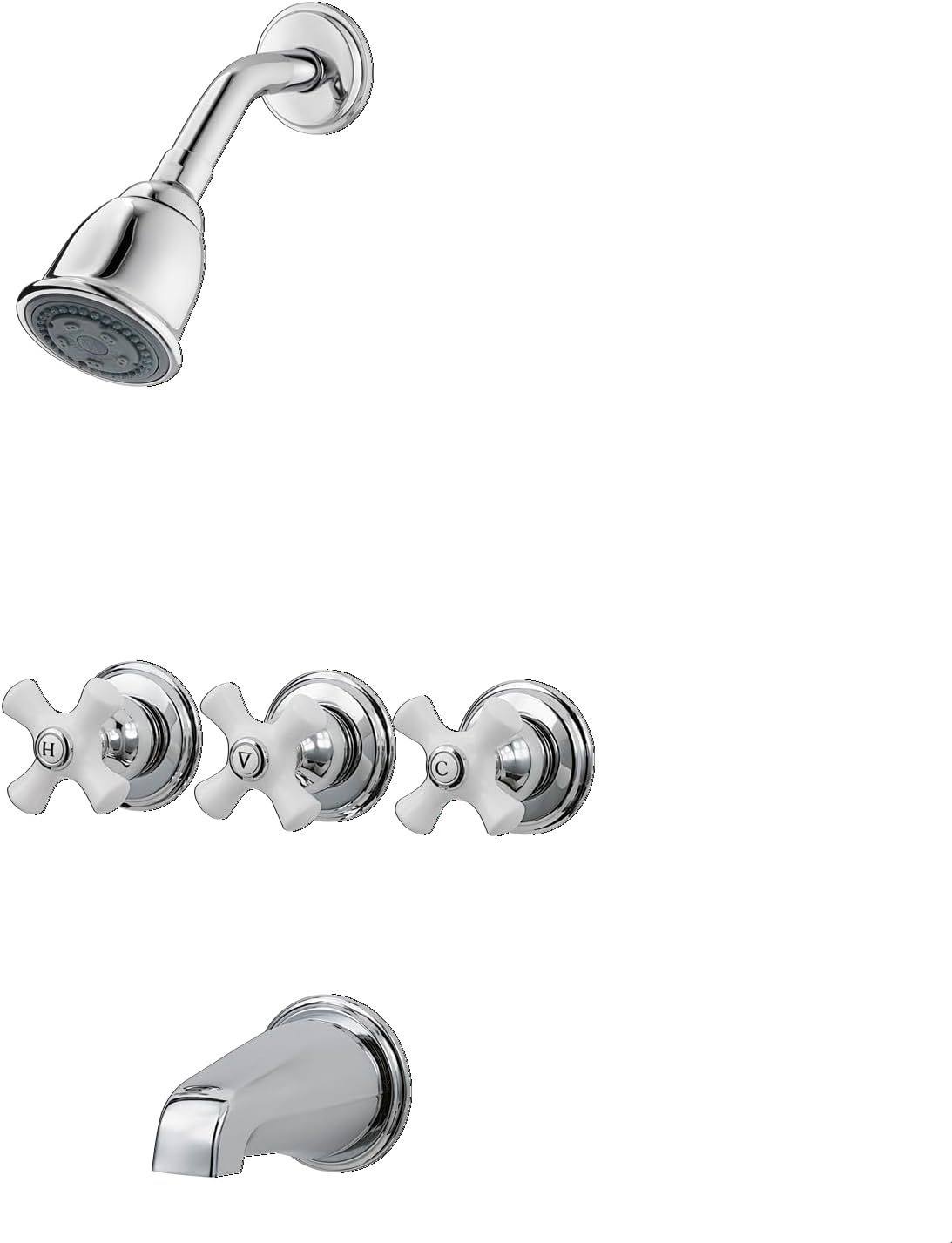 Lg01-8cpc 3-Handle Tub & Shower Faucet With Porcelain Cross Handles Polished Chrome