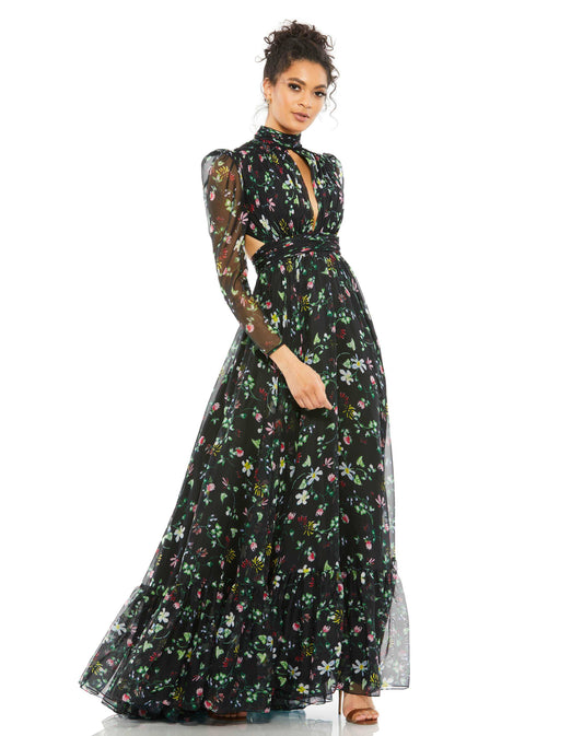 Long Sleeve High Neck Chiffon Floral Gown - Black - Gowns