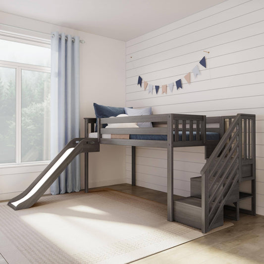 Low Loft Bed With Stairs And Easy Slide - Clay | Max & Lily