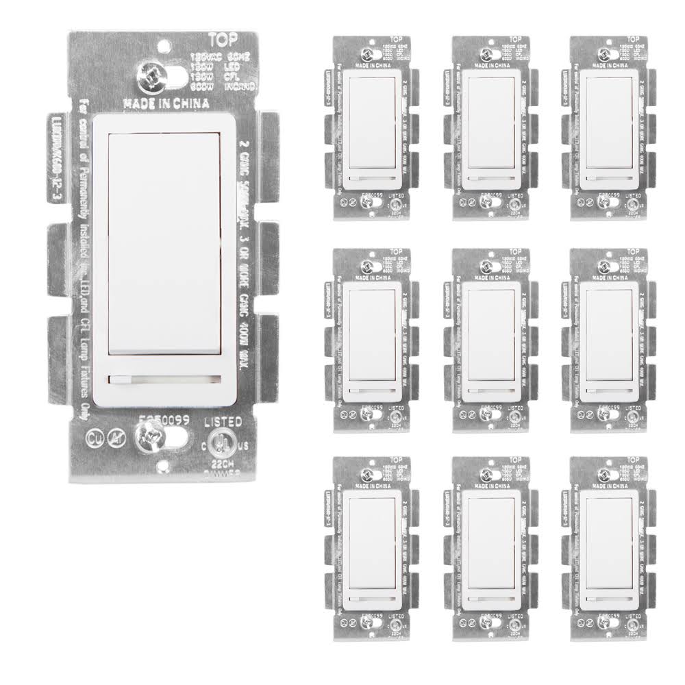 Led Slide Dimmer Rocker Switch, 3-Way/Single Pole Decorative Electrical Light Switch 600 Watt Max, Led Compatible (Pack Of 10)