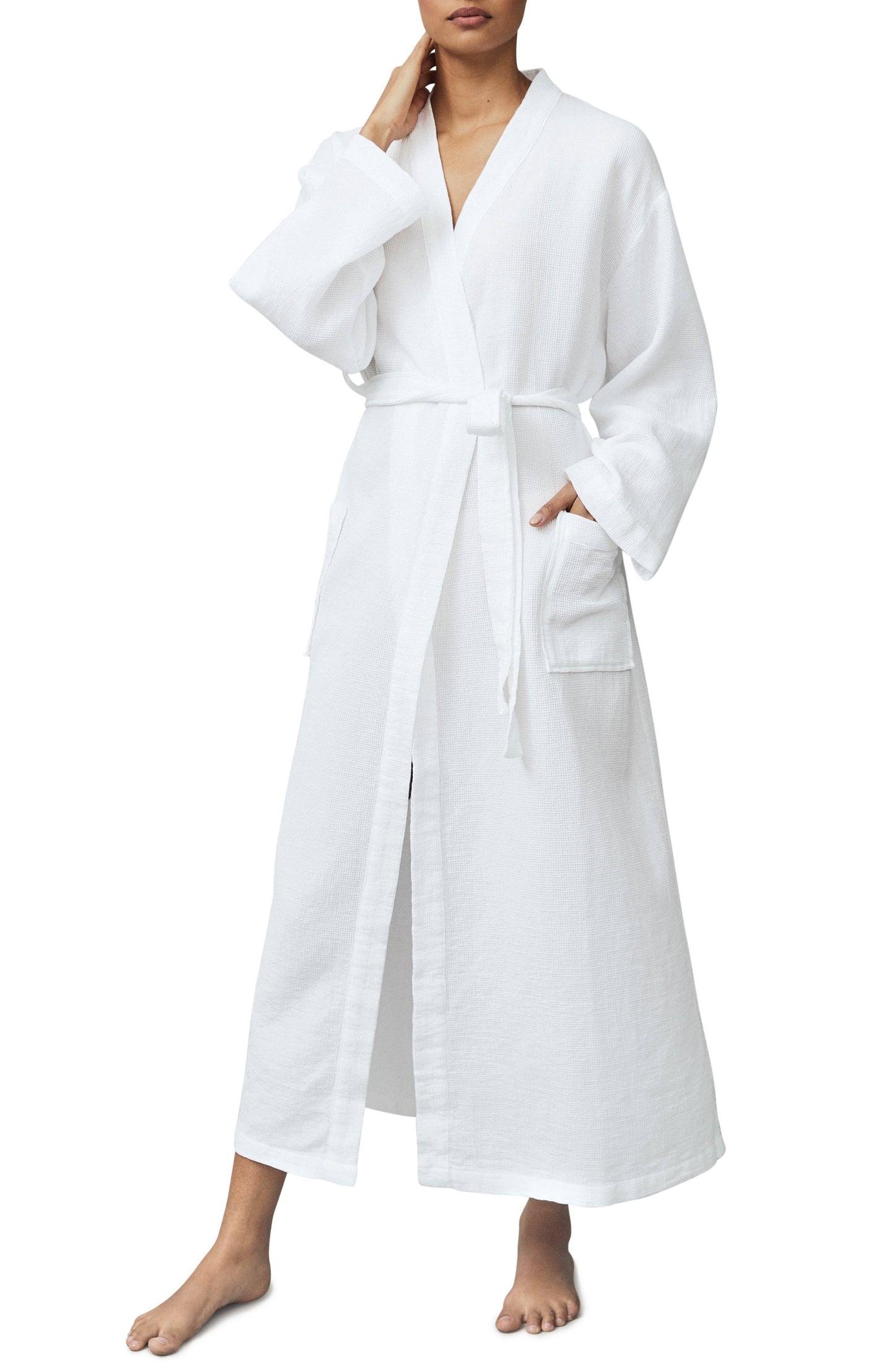 Long Lightweight Waffle Robe In Pale Grey