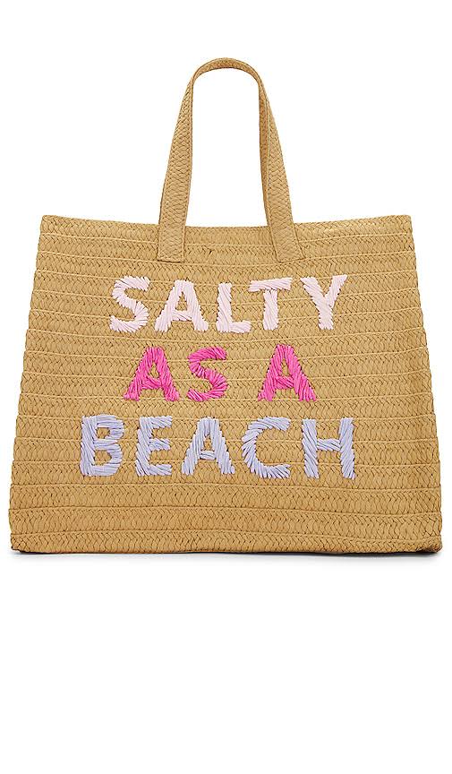 Los Angeles Salty As A Beach Straw Tote In Sand Pink Rainbow