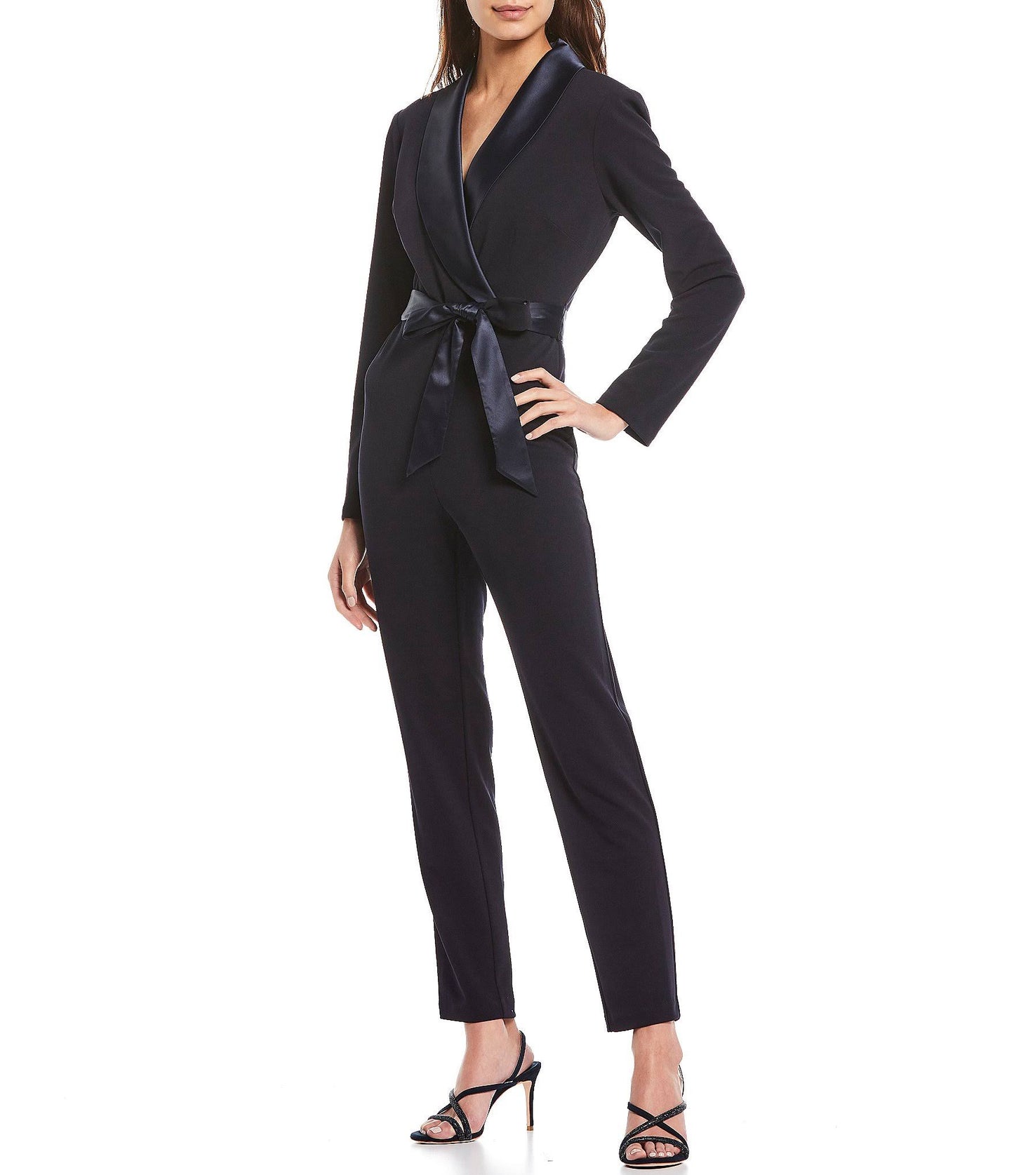 Long Sleeve Crepe Jumpsuit With Tuxedo Collar, Black, Size: 8