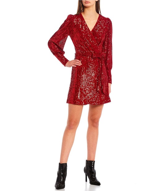 Long Blouson Sleeve Sequin Wrap Dress - Xl