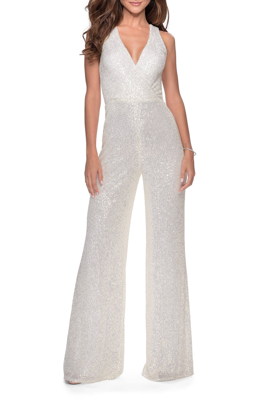 Long Sequin Jumpsuit With Criss Cross Back - White - 14