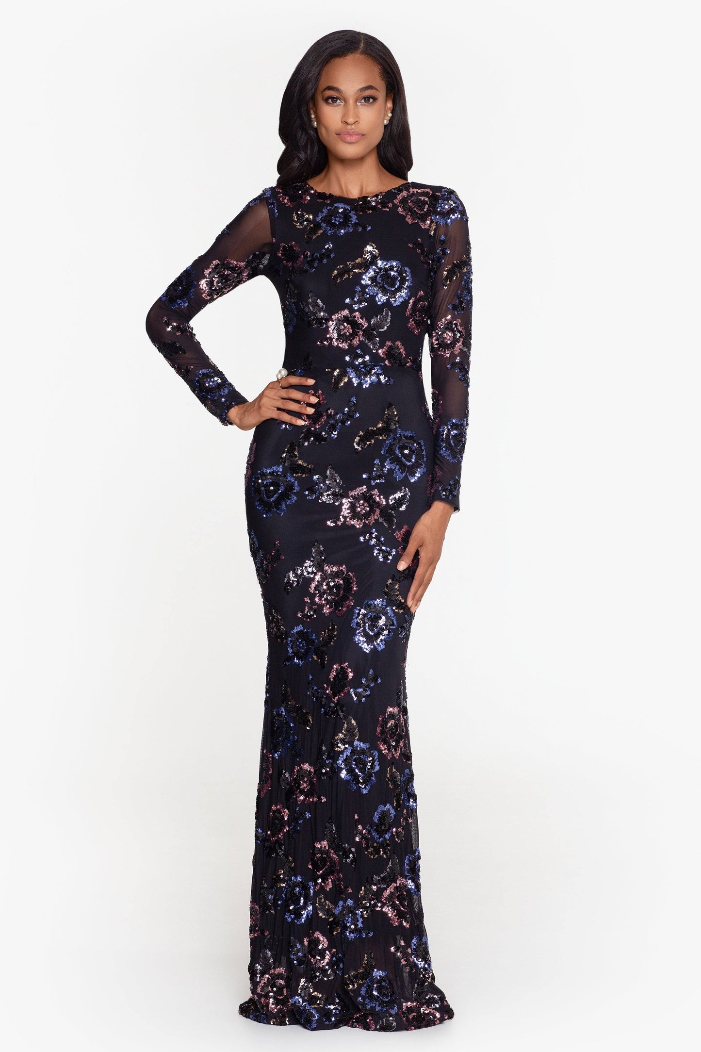 Long Long Sleeve Floral Sequin Gown Women's Dress : 8