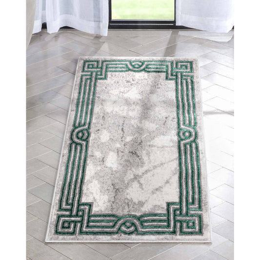 Lezlee Ivory & Gold Retro Border Marble Pattern 5'3" X 7'3" Area Rug