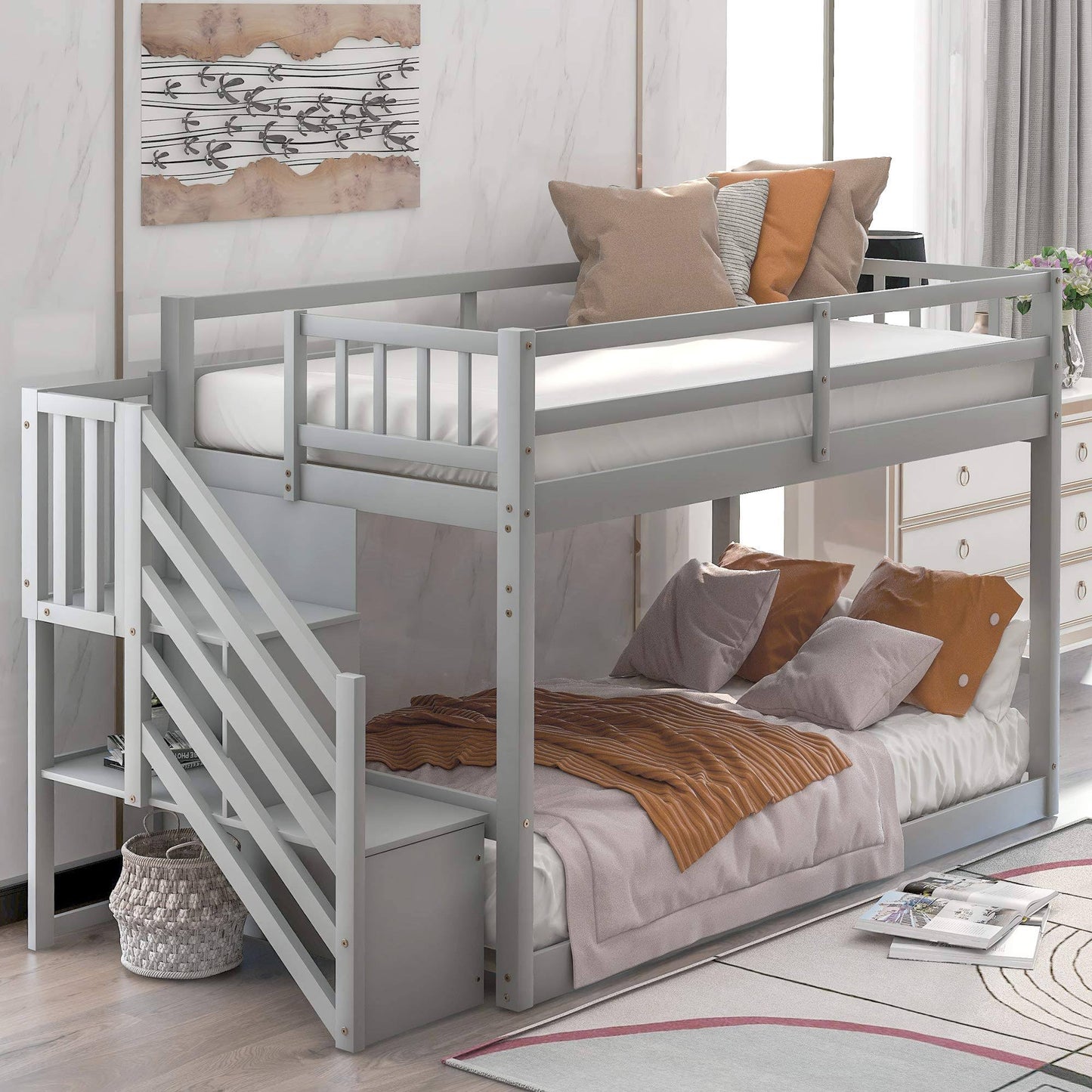 Low Bunk Beds With Stairs And Storages For Teens Twin Over Twin Bunk Bed Frame Low To Ground For Kids Boys Girls, No Box Spring Required