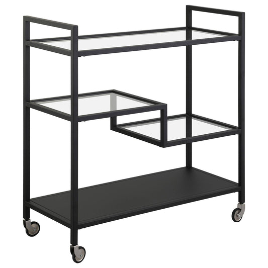 Lovett 33" Wide Rectangular Bar Cart With Glass And Metal Shelves In Blackened Bronze