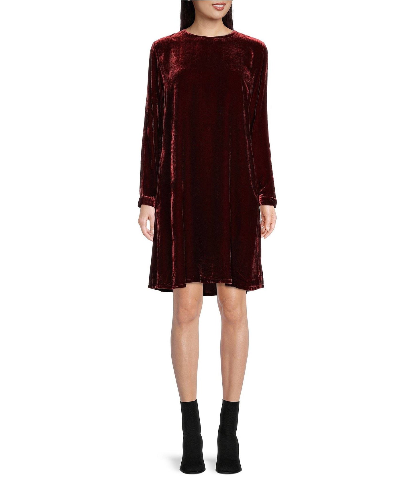 Long Sleeve Velvet Shift Dress In Sweet Plum