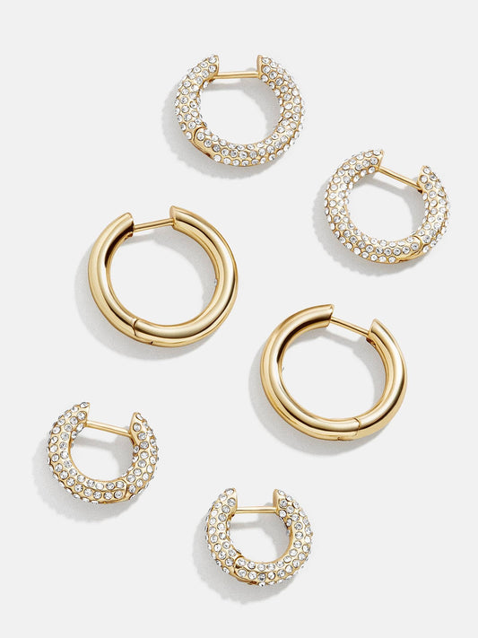 Lucy Pave Huggie Hoop Earrings, Set Of 3 - Gold