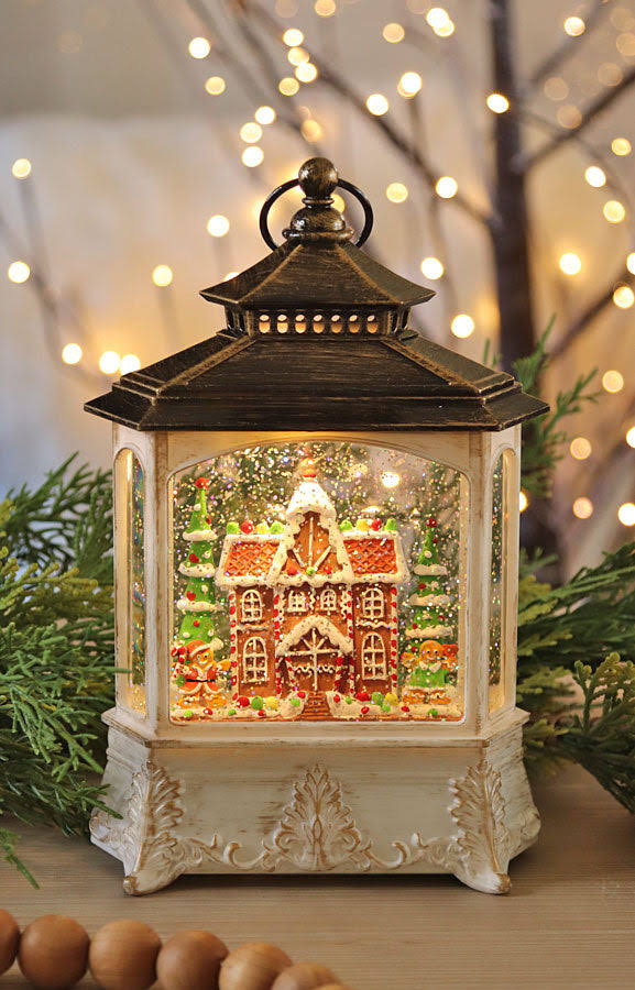 Lighted Musical Spinning Water Globe Lantern With Gingerbread House Design - 10.5 Inch