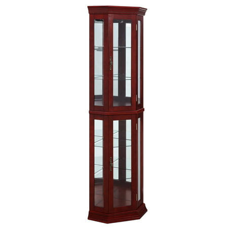 Lorona Floor Standing 5 Sided Lighted Corner Curio Cabinet, Cherry & Walnut, Brown