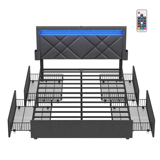 Led Bed Frame Full Size With Headboard And 4 Drawers