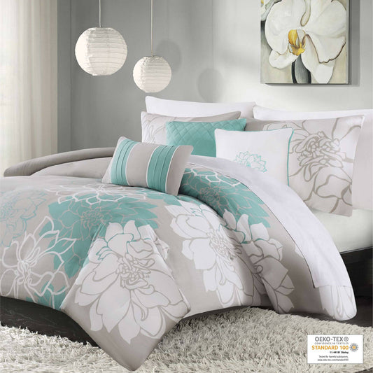 Lola 6 Piece Printed Duvet Cover Set - Grey/Blush - Full/Queen