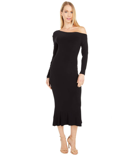 Long-Sleeve Drop-Shoulder Fishtail Midi Dress, Black, Women's, Xs