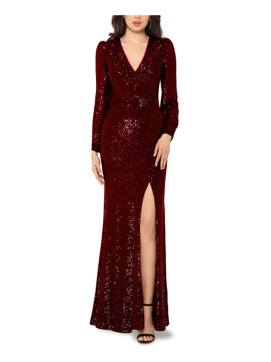 Long Sleeve Long V-Neck Sequin Gown Women's Evening Hunter : 10