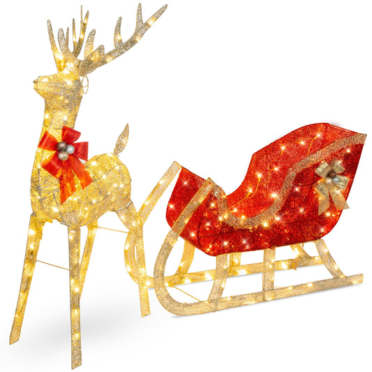 Lighted Christmas 4ft Reindeer & Sleigh Outdoor Yard Decoration Set W/ 205 Led Lights, Stakes