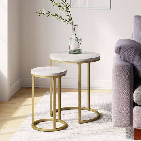 Lula Marble Tabletop With Gold Metal Base Glam Nested Round End Table Set Of 2, White