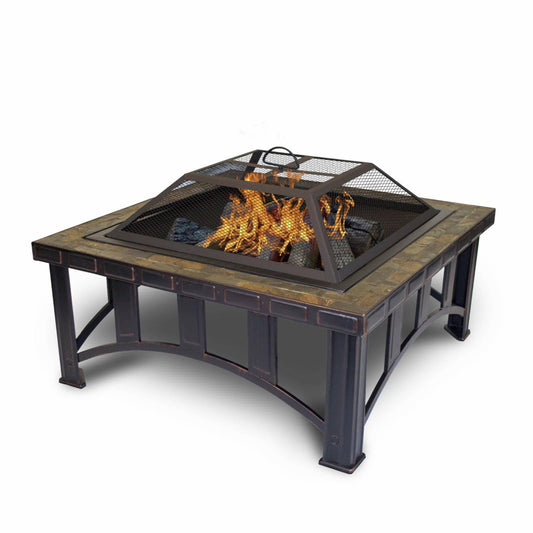 Leisure Products Square Steel Fire Pit With Decorative Slate Hearth, Oil Rubbed Bronze