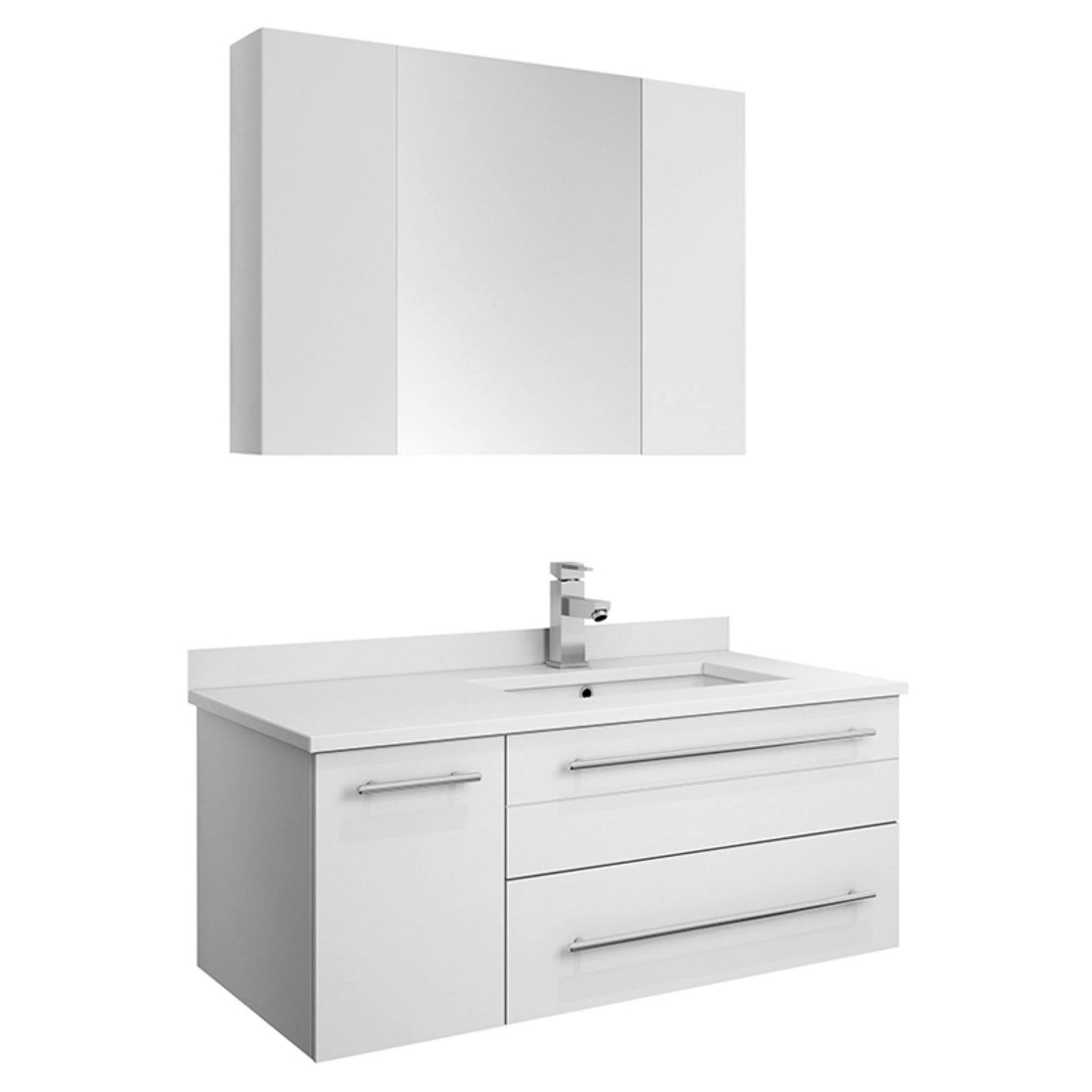 Lucera 36" Wall Hung Modern Bathroom Cabinet W/ Top & Undermount Sink - Right Version White