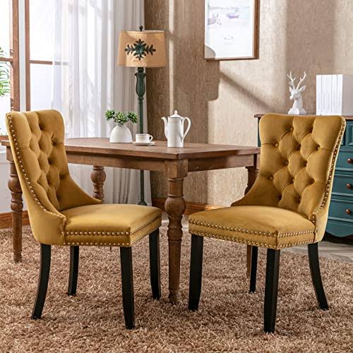 Leisure Zone Velvet Dining Chairs Set Of 2, Upholstered Accent Chairs With Button Tufted, Nailhead Trim And Back Ring Pull, Gold, Seat Height