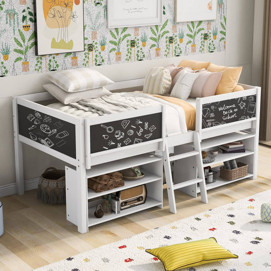 Low Loft Bed With Storage, Twin Loft Bed With Two Movable Shelves And Ladder, Wooden Loft Bed With Decorative Guardrail Chalkboard, For Kids