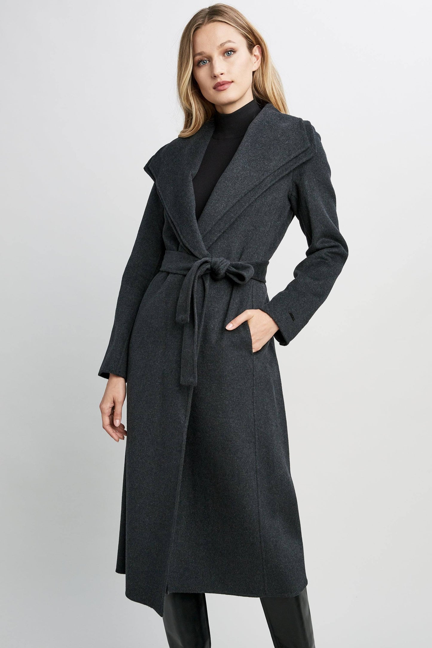 Long Double Face Wool Blend Wrap Coat, Charcoal / M