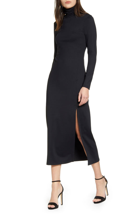 Long Sleeve Turtleneck Slit Dress M / Midnight