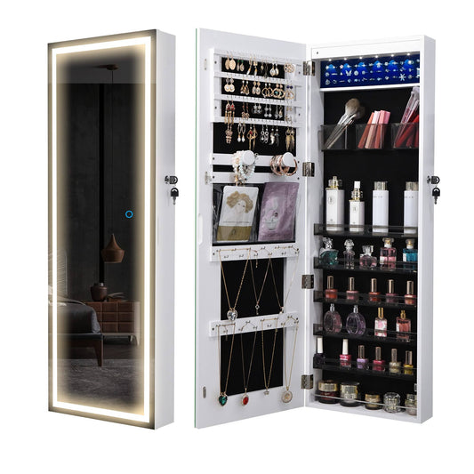 Led Mirror Jewelry Cabinet, Wall/Door Mounted Jewelry Organizer Armoire, Full Length Lighted Mirror With Jewelry Storage, Lockable Over The Doo