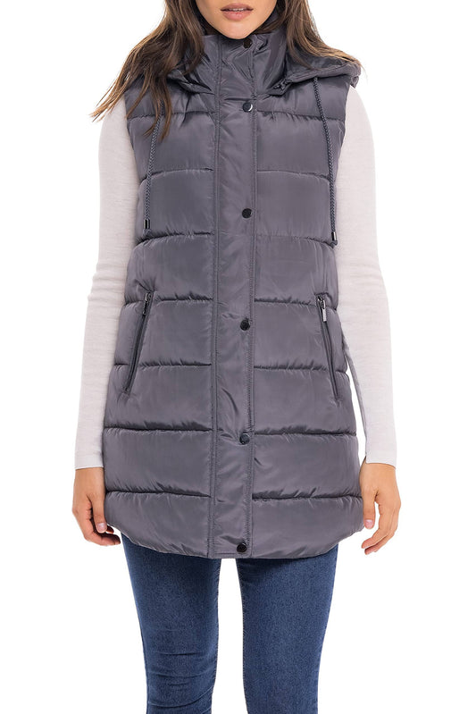 Long Puffer Vest With Hood - S.E.B. By Sebby Graphite X-Large, Grey