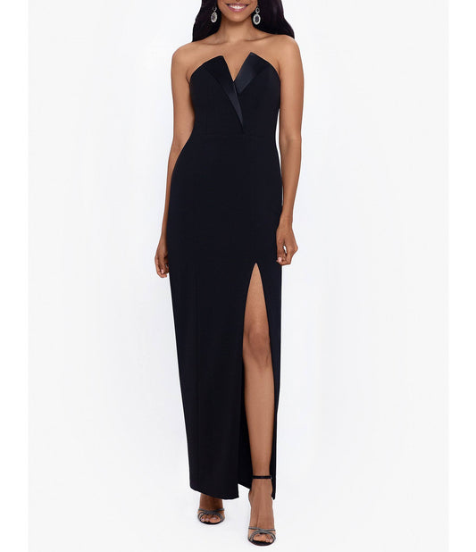 Long Strapless Crepe Tuxedo Top Dress - Black