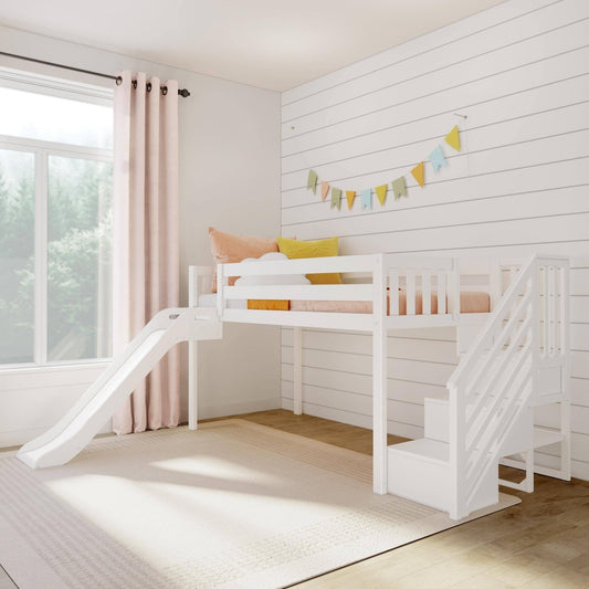 Low Loft Bed With Stairs And Easy Slide - White | Max & Lily